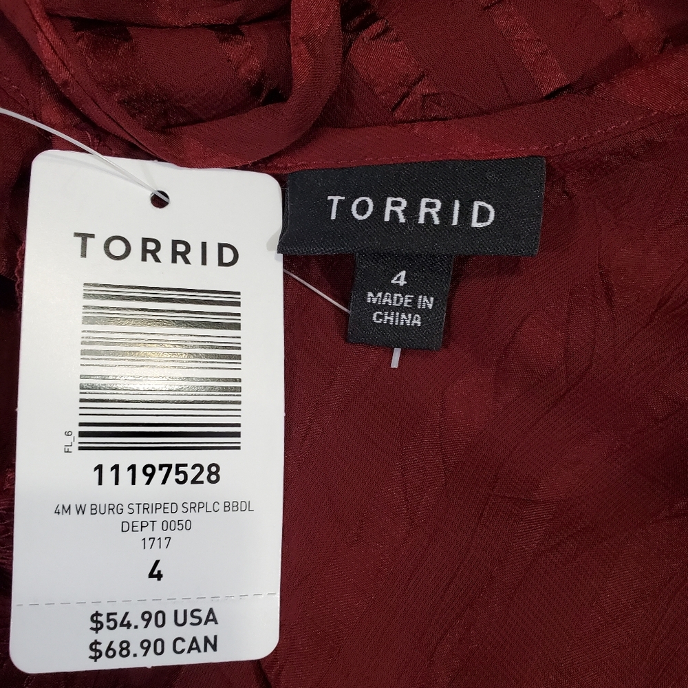 Torrid Burgundy Striped Surplice Babydoll Blouse Short Sleeve ~ New With Tags - Picture 9 of 12